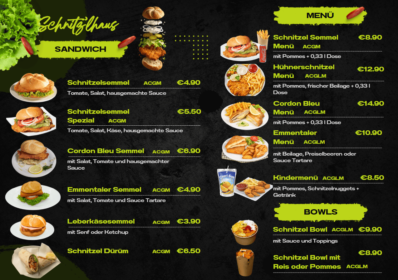 Digitale Speisekarte mit Schnitzelsemmel und Menüangeboten